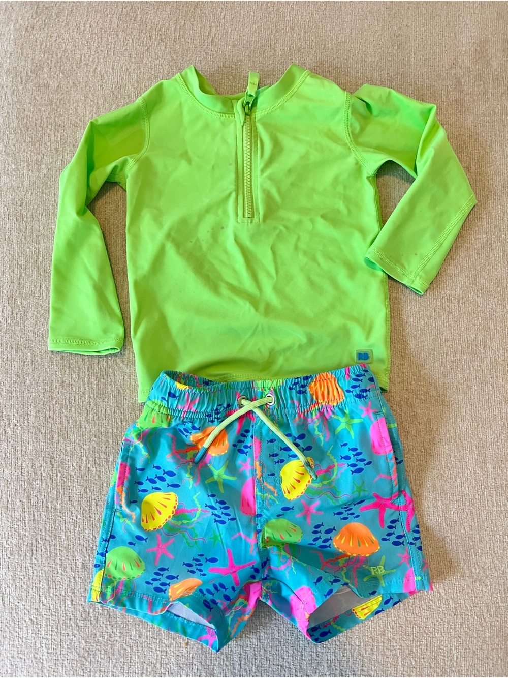 Neon Green Rash Guard with Ocean Print Swim Trunks